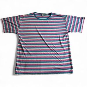 Vintage First Run Women's Medium Stripe Ring Neck T Shirt Pink Blue Boxy Fit